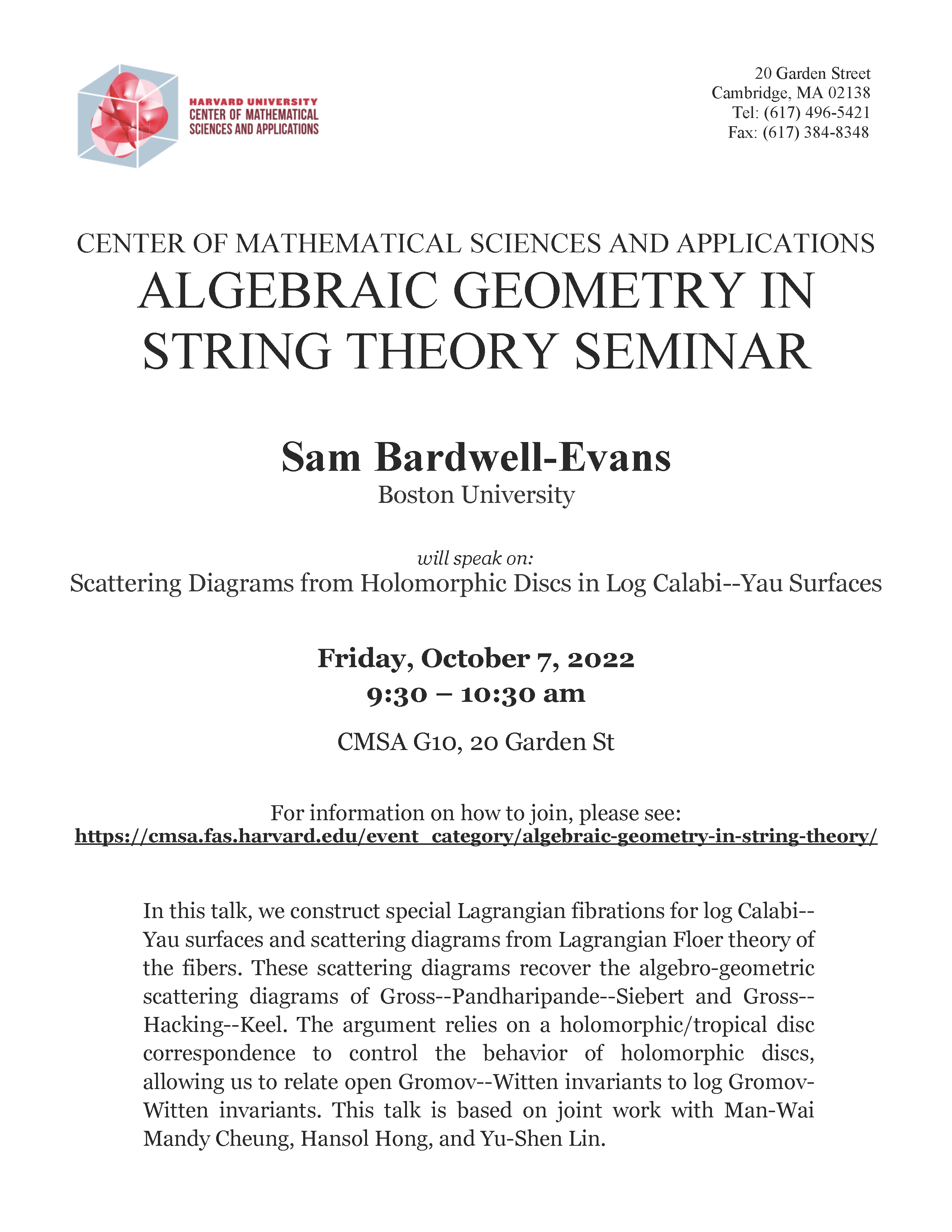 CMSA Algebraic Geometry in String Theory 10.07.2022