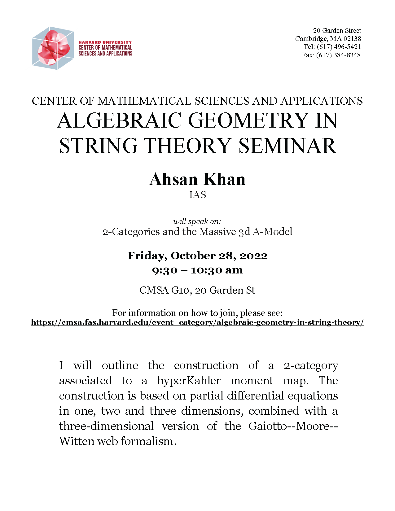 CMSA Algebraic Geometry in String Theory 10.28.2022