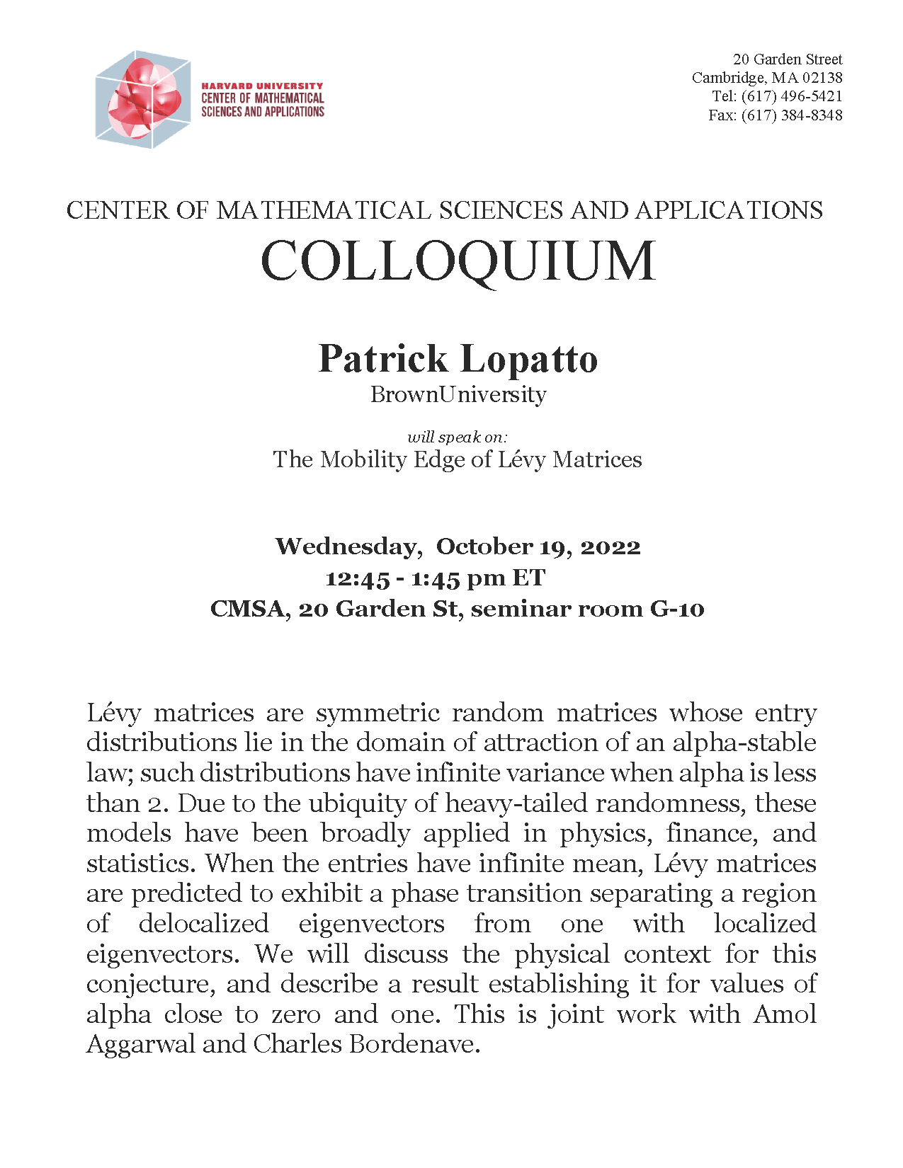 CMSA Colloquium 10.19.22