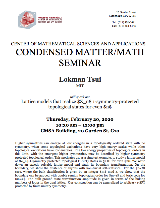 2/20/2020 Condensed Matter Seminar