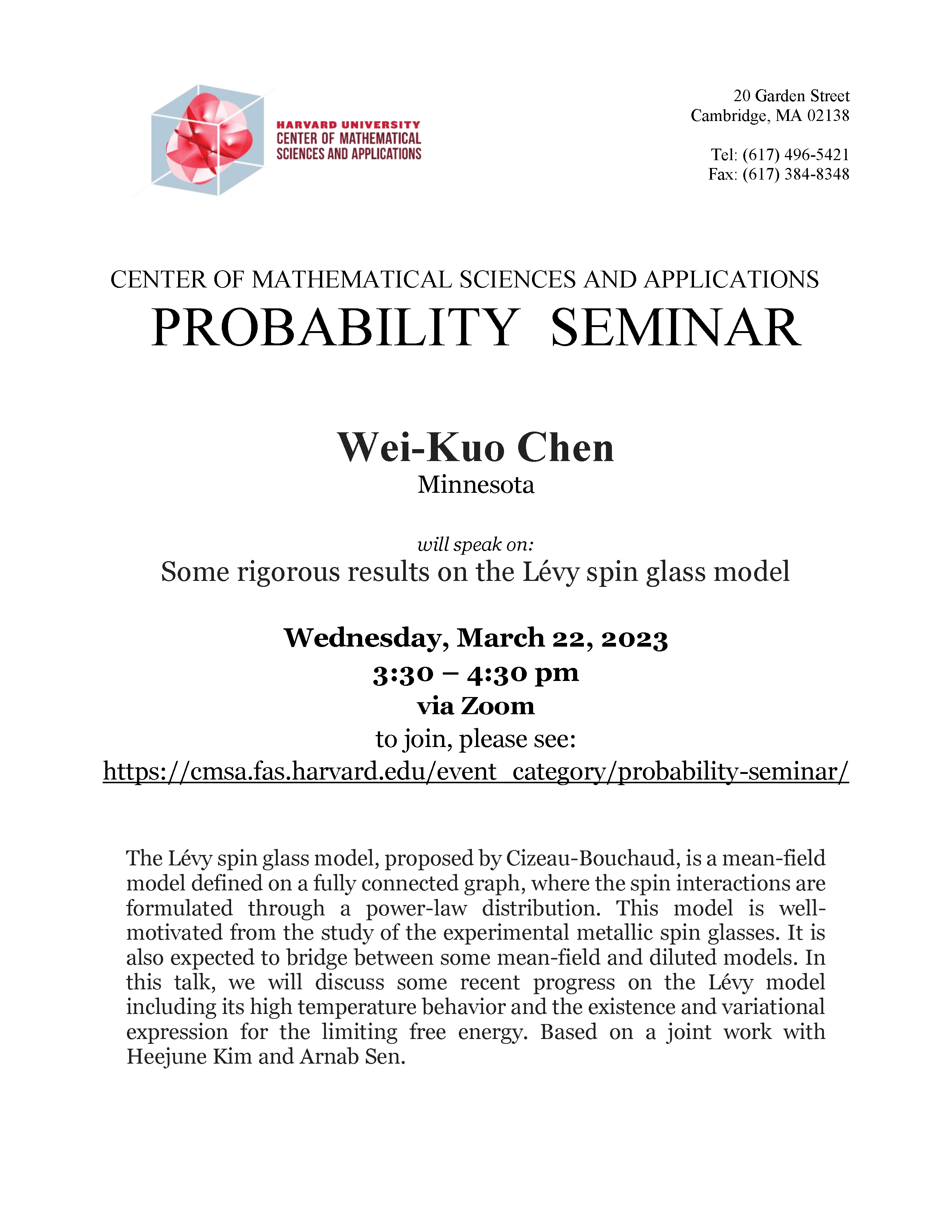 CMSA Probability Seminar 03.22.23