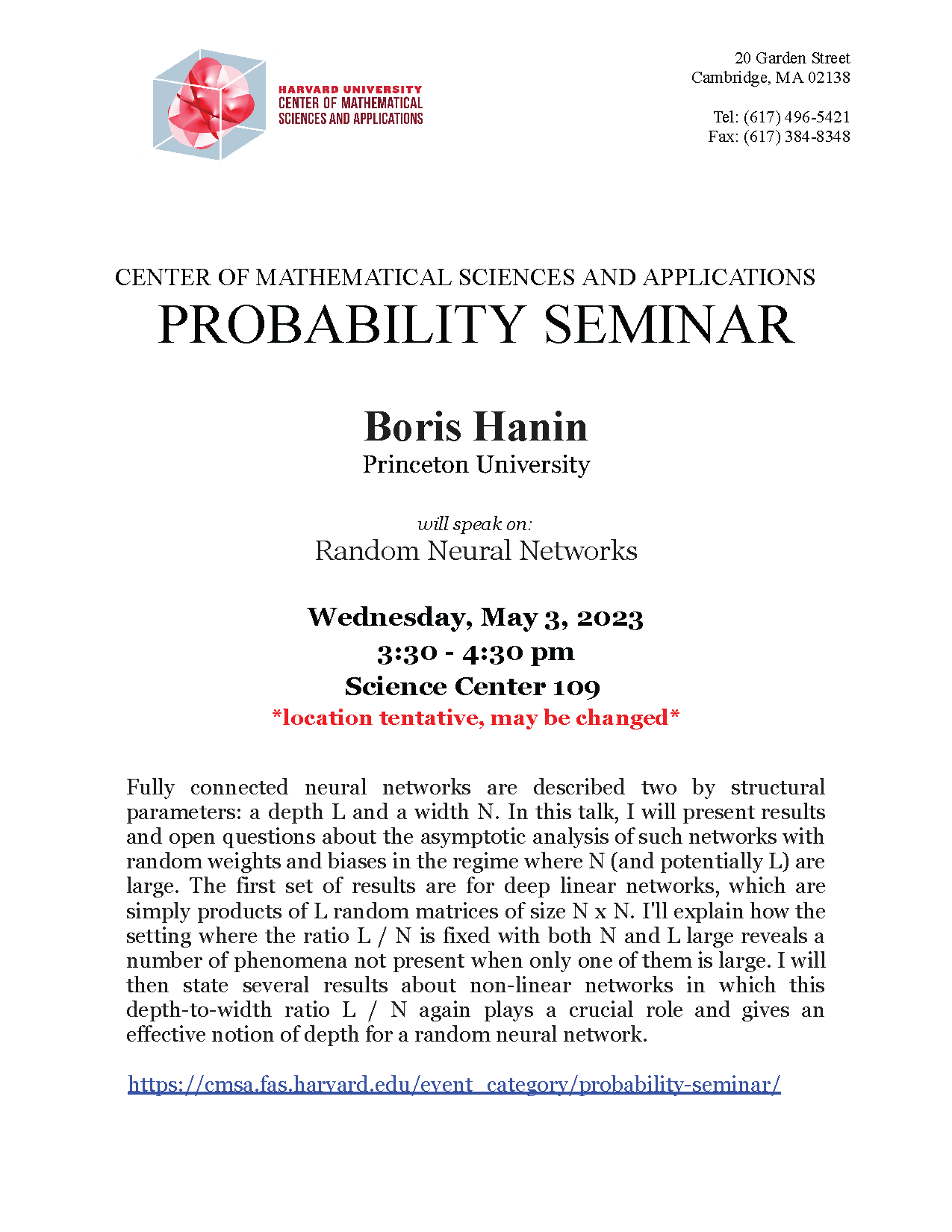 CMSA Probability Seminar 05.03.23