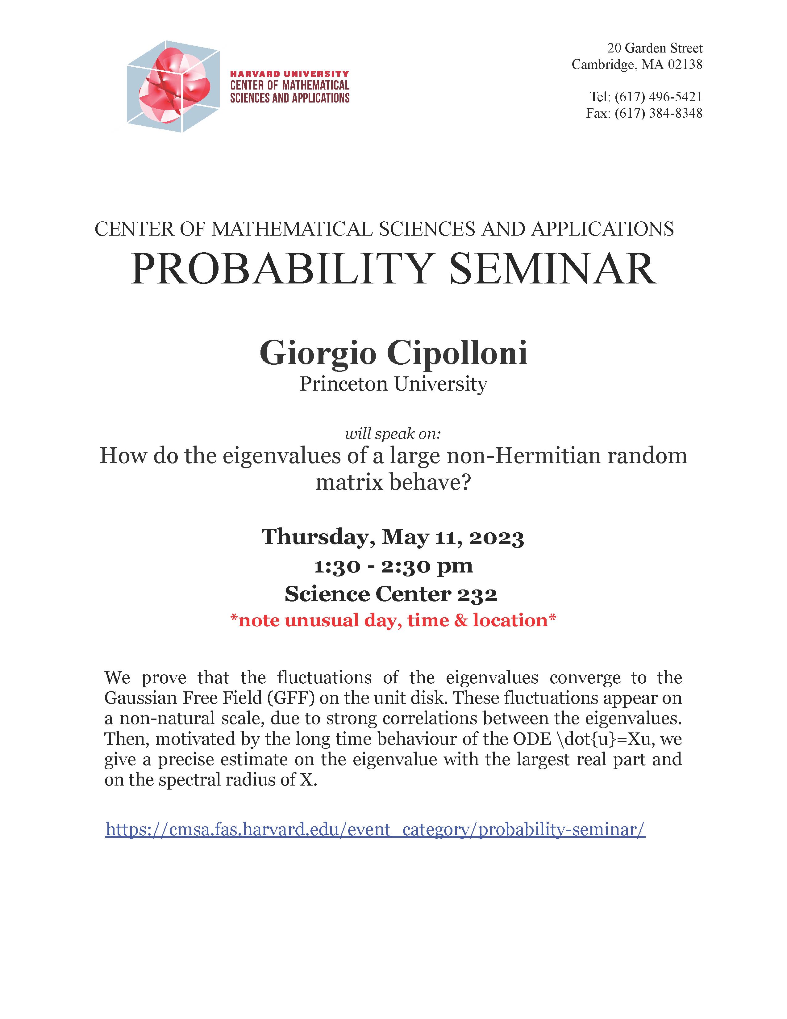 CMSA Probability Seminar 05.11.23