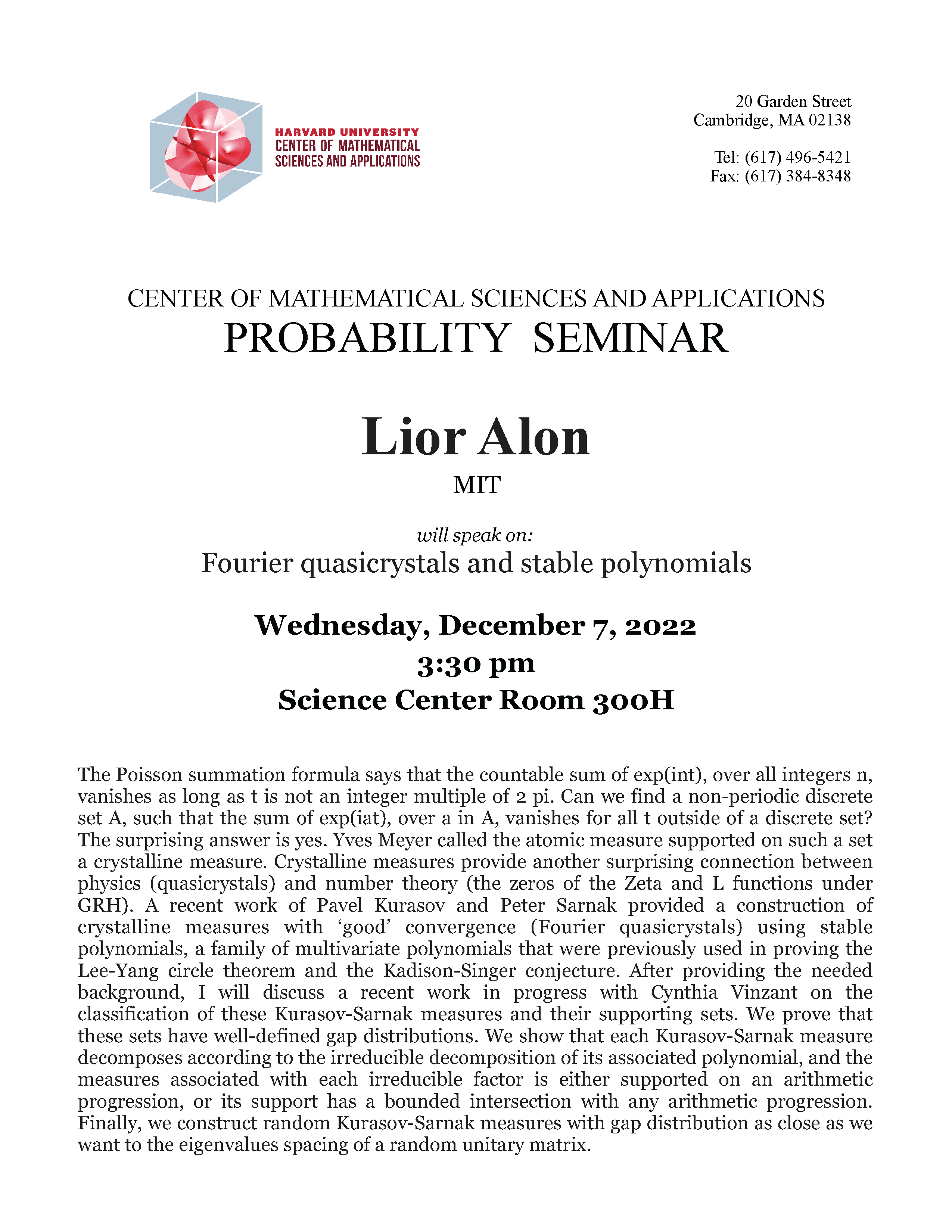 CMSA Probability Seminar 12.07.22