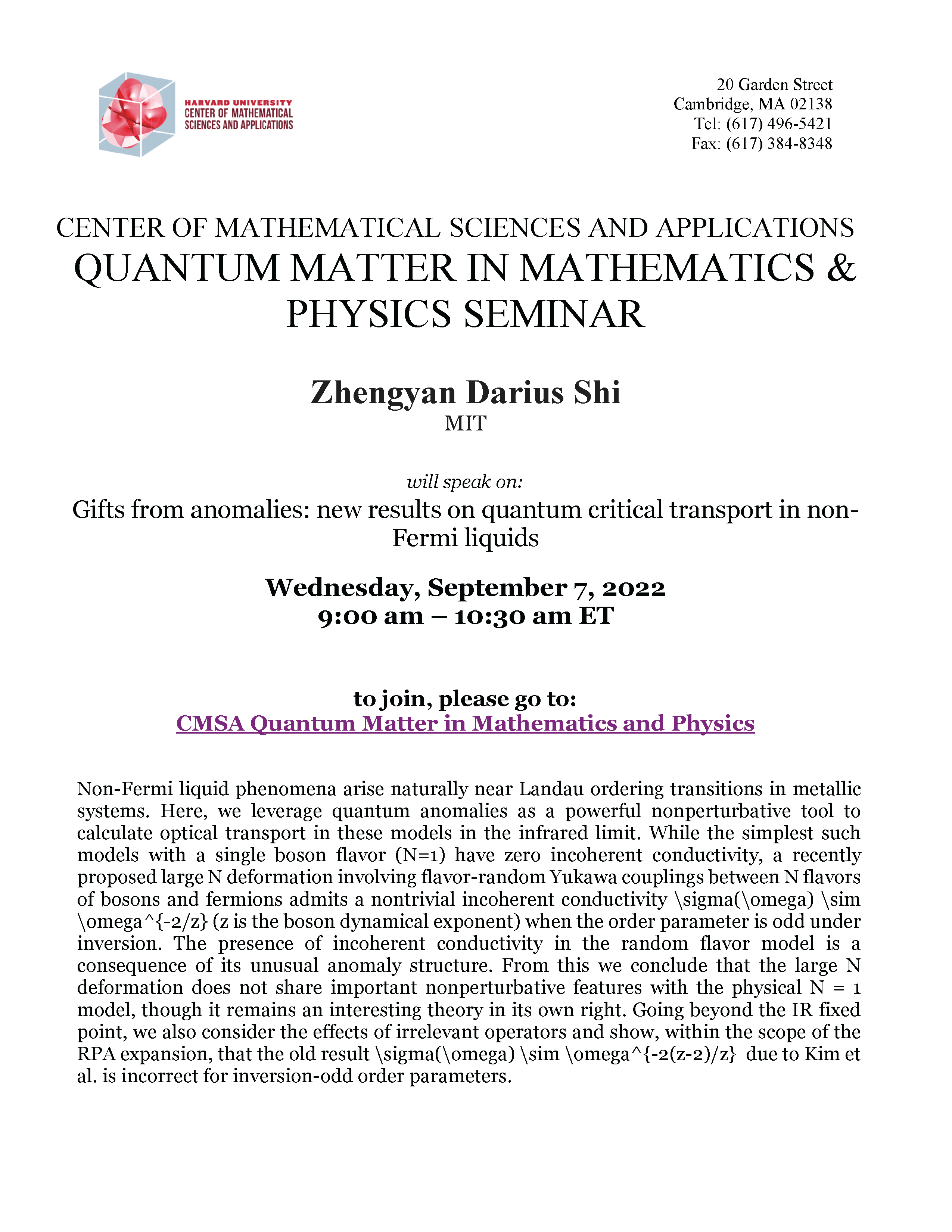 CMSA QMMP Seminar