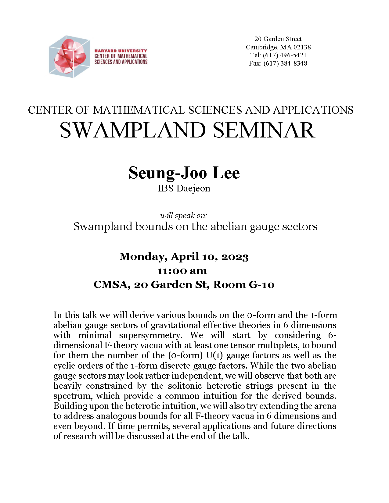 CMSA Swampland Seminar 04.10.23