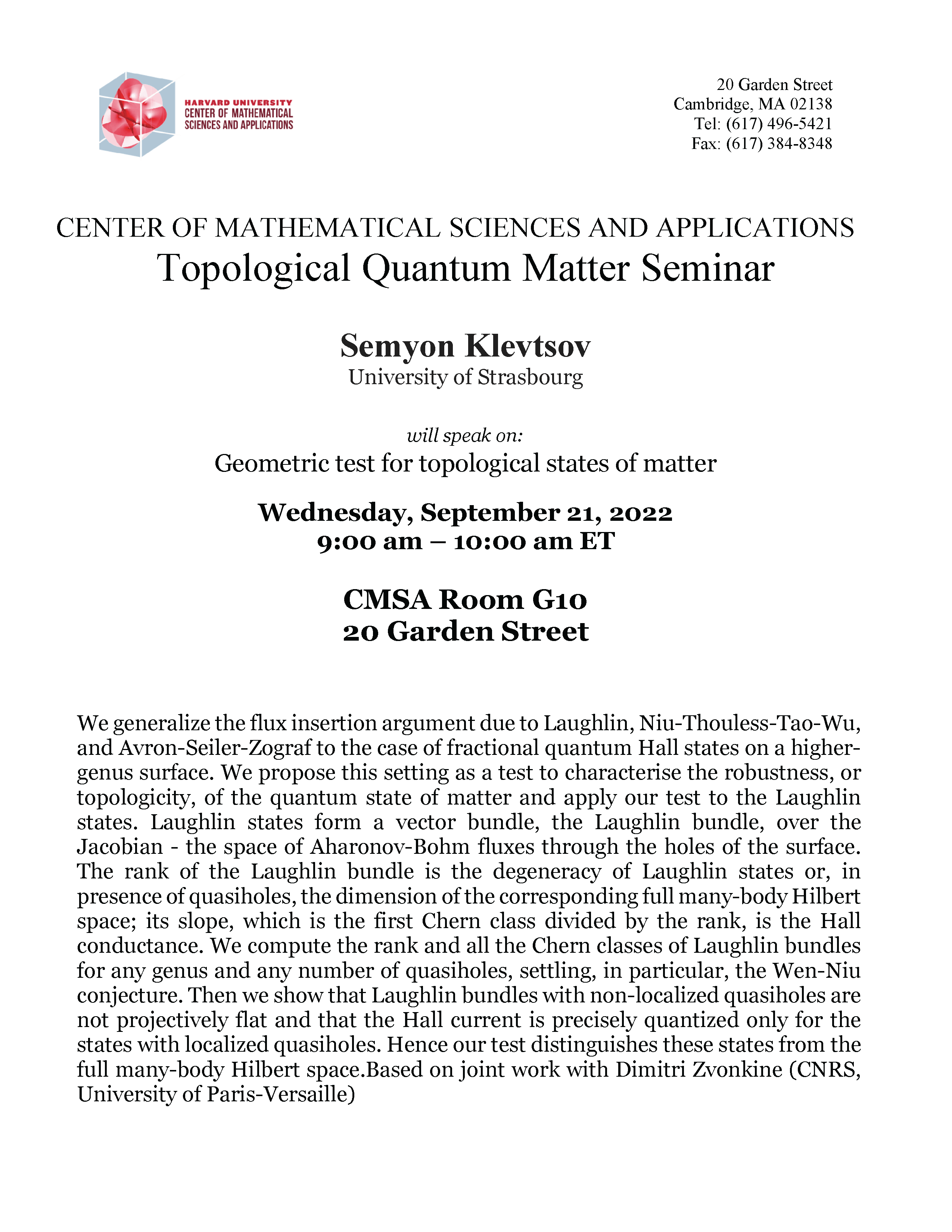 CMSA Topological Seminar 09.21.22