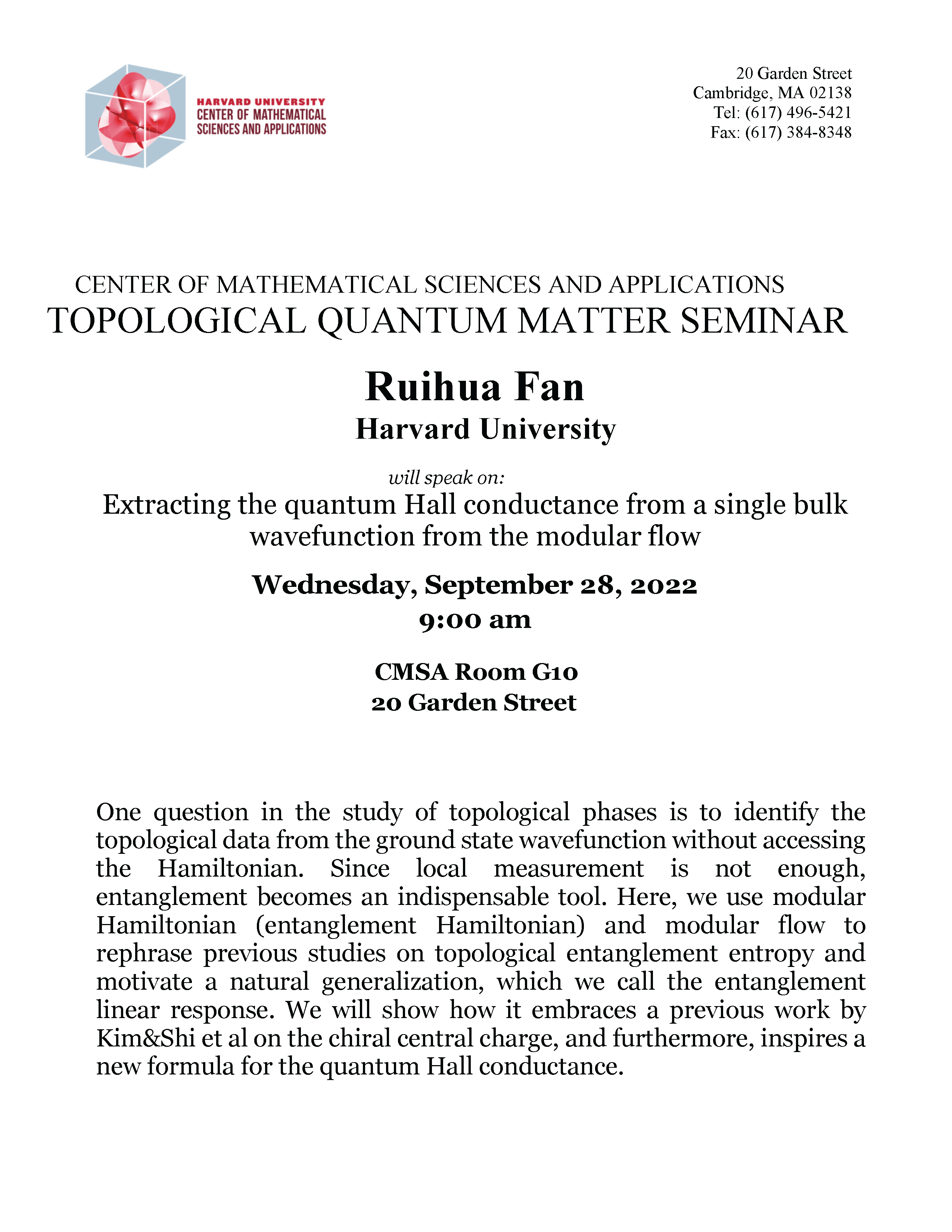 CMSA Topological Seminar 09.28.22