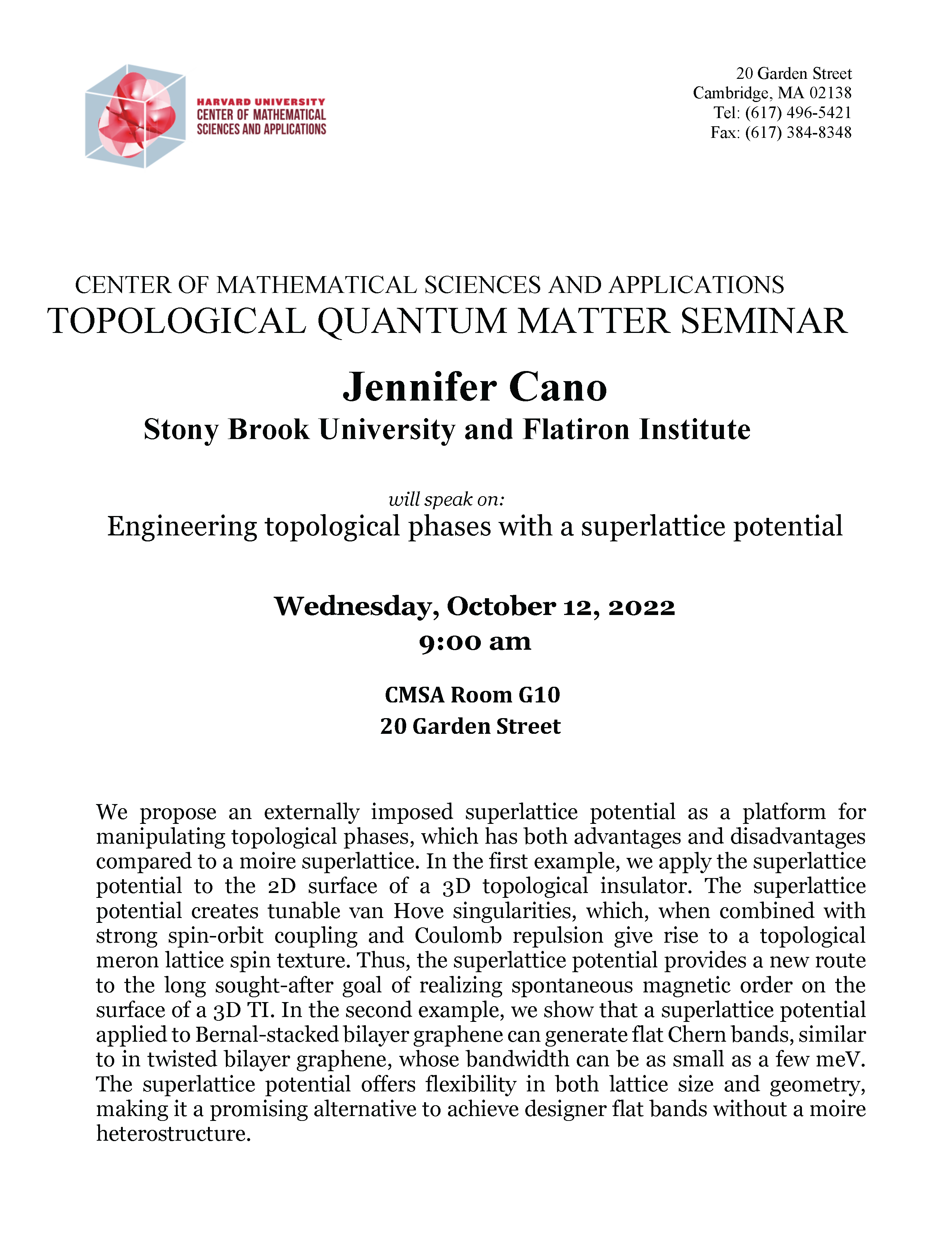 CMSA Topological Seminar 10.12.22