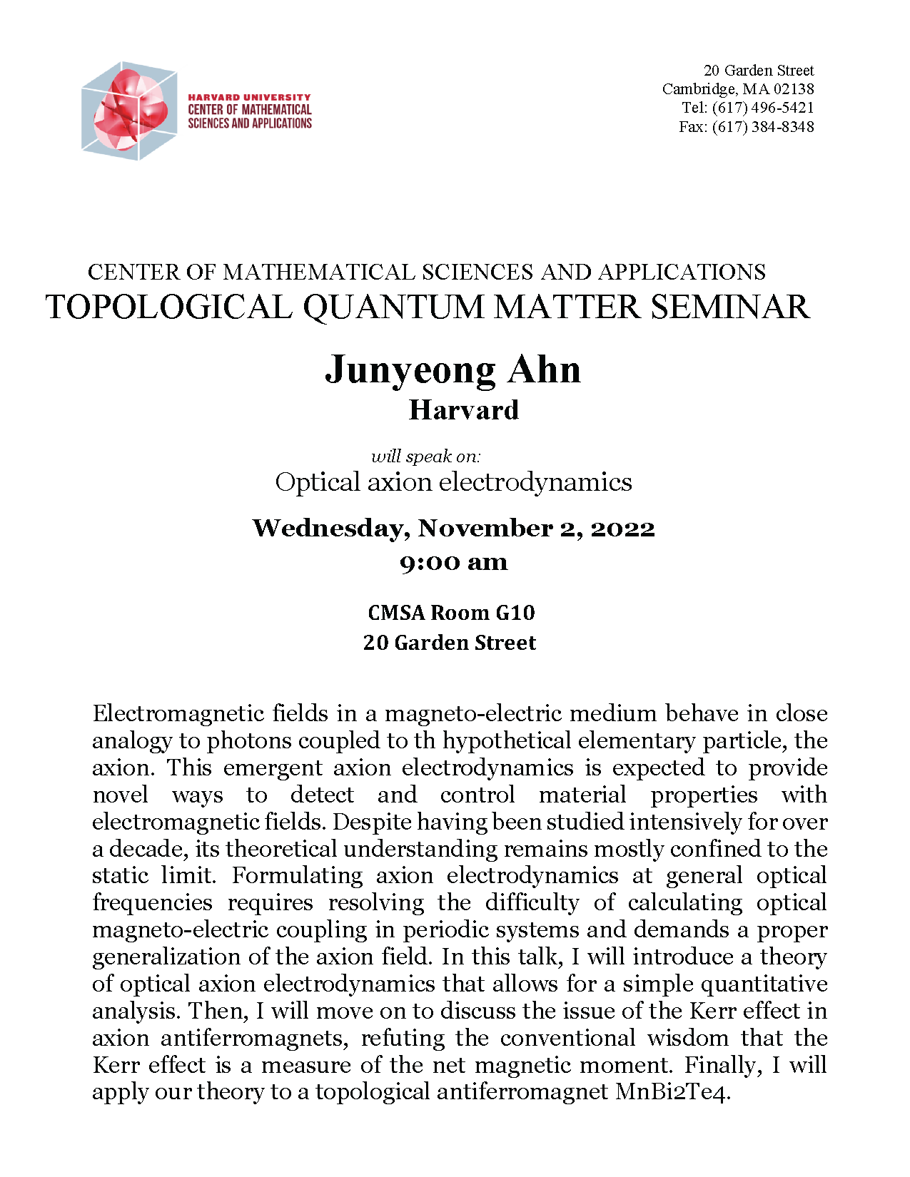 CMSA Topological Seminar 11.2.22