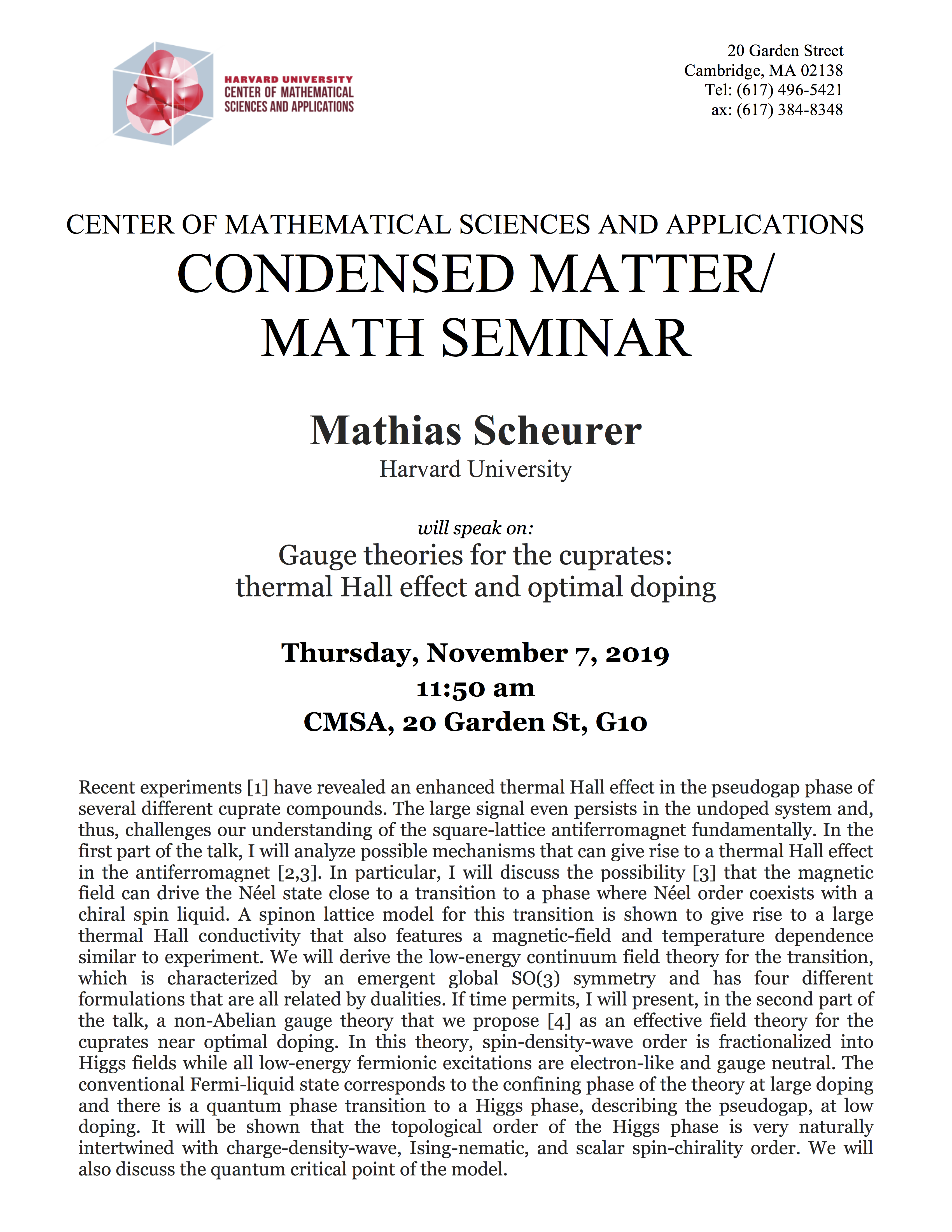11/7/2019 Quantum Matter Seminar