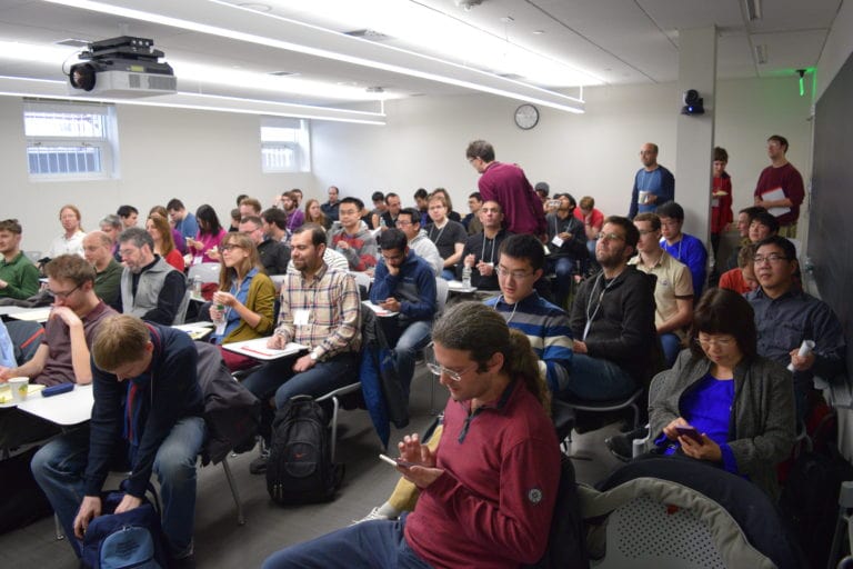 Participants looking at the lecturer at the Workshop on Probabilistic and Extremal Combinatorics