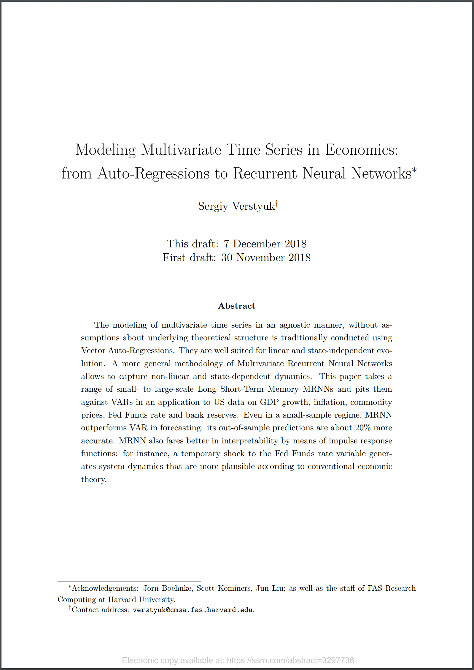 Modeling Multivariate Time Series in Economics From Auto-Regressions to Recurrent Neural Networks