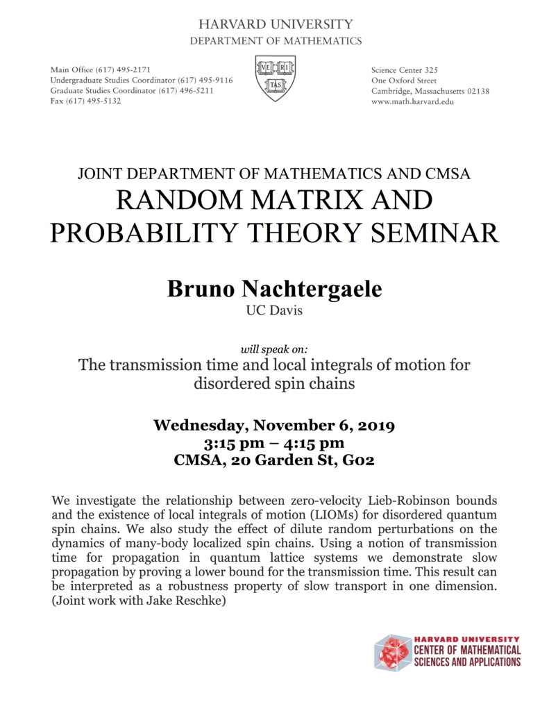 11/6/2019 Random Matrix and Probability Theory Seminar
